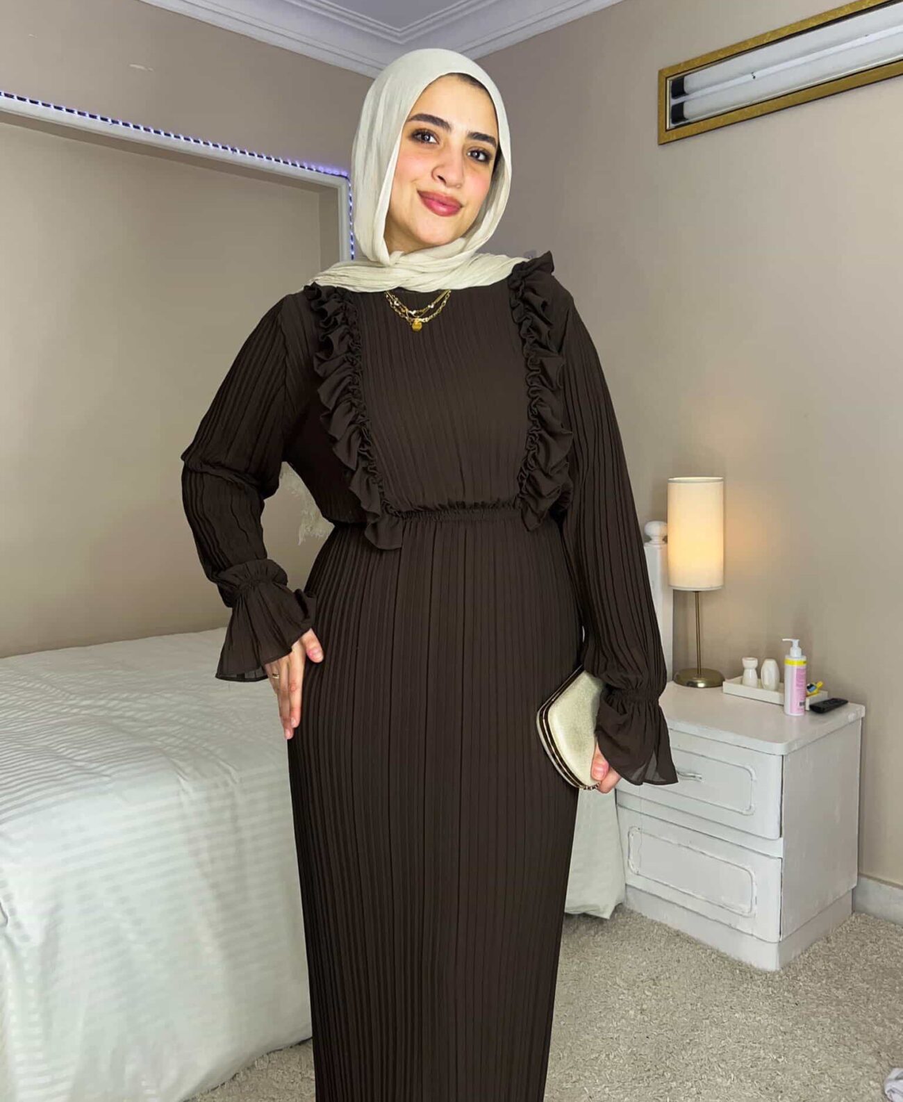 Pleated chiffon Dress with Separate Inner (Brown)
