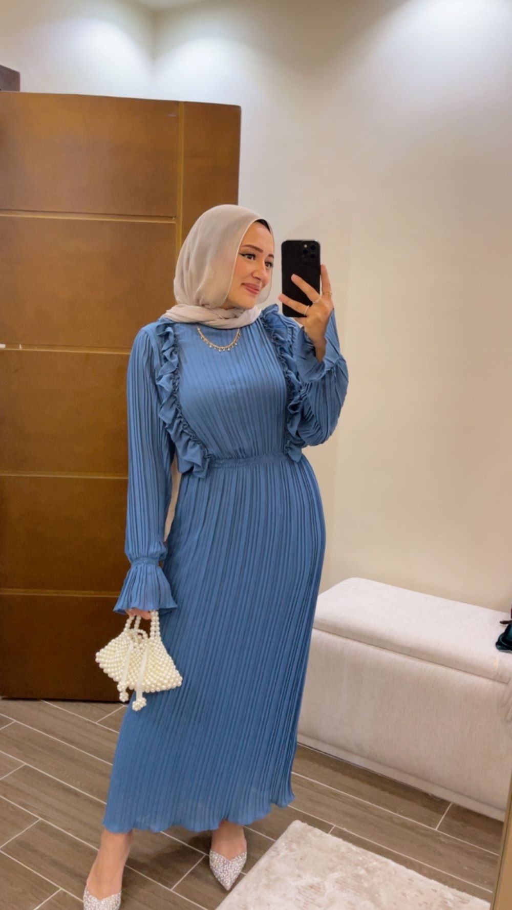 Pleated chiffon Dress with Separate Inner (Light Petrol)
