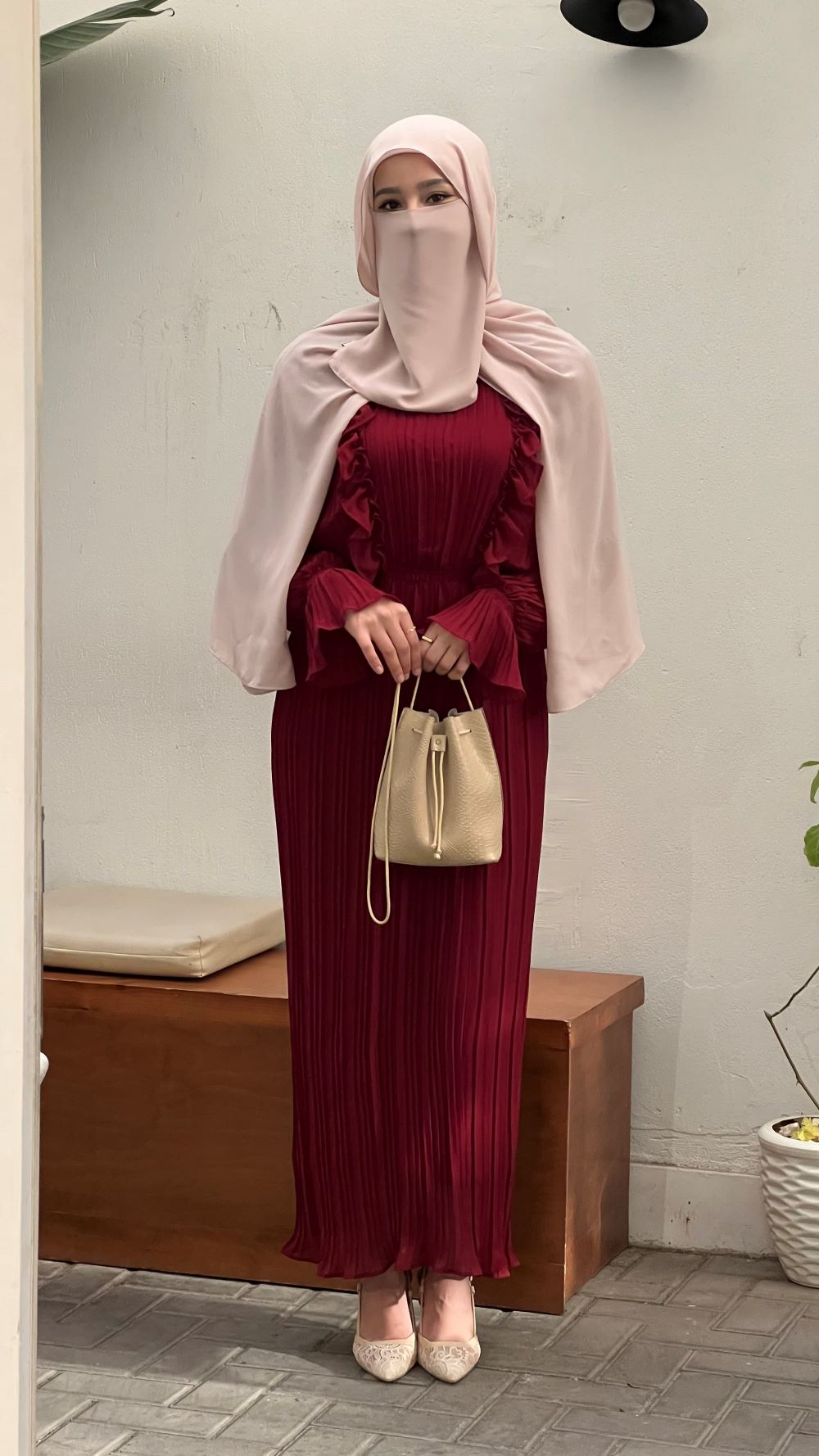 Pleated chiffon Dress with Separate Inner (Wine Red) - Image 9