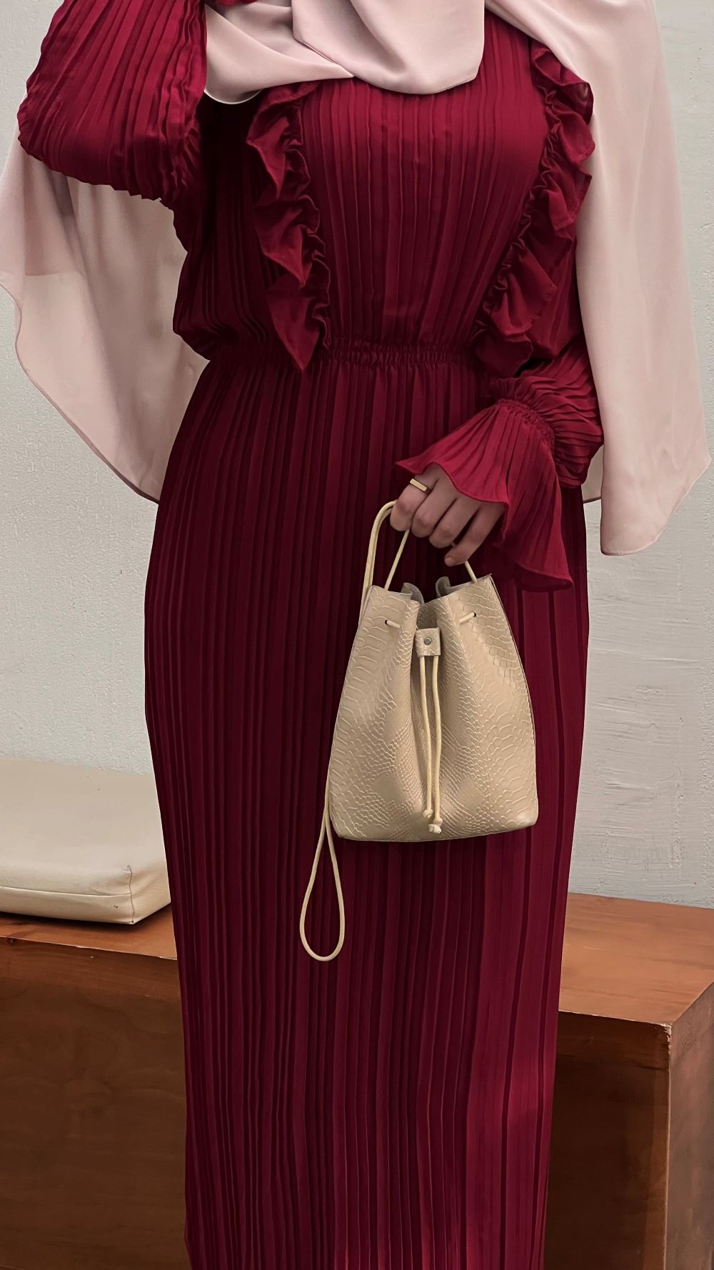 Pleated chiffon Dress with Separate Inner (Wine Red) - Image 8