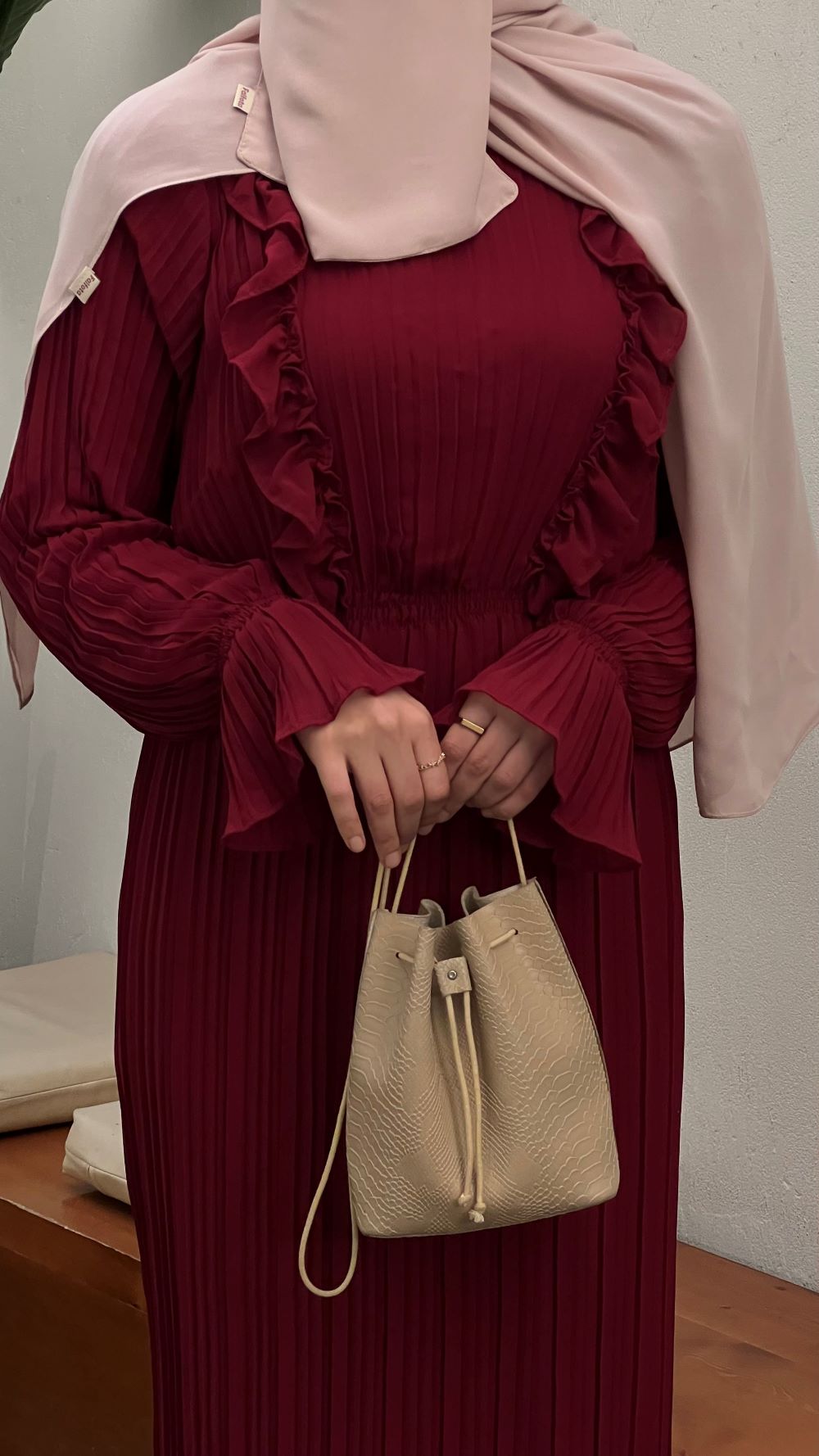 Pleated chiffon Dress with Separate Inner (Wine Red) - Image 7