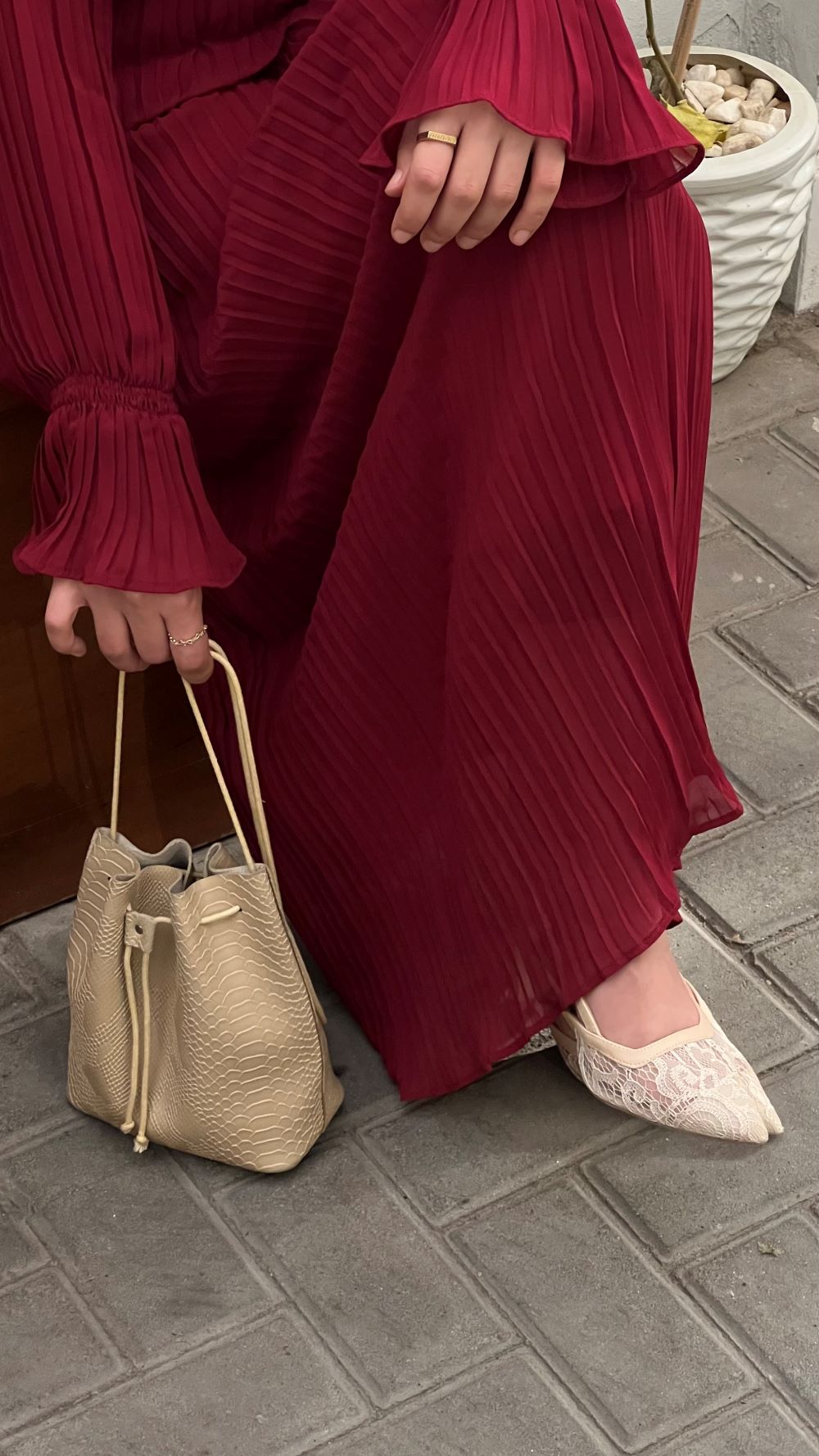 Pleated chiffon Dress with Separate Inner (Wine Red) - Image 5