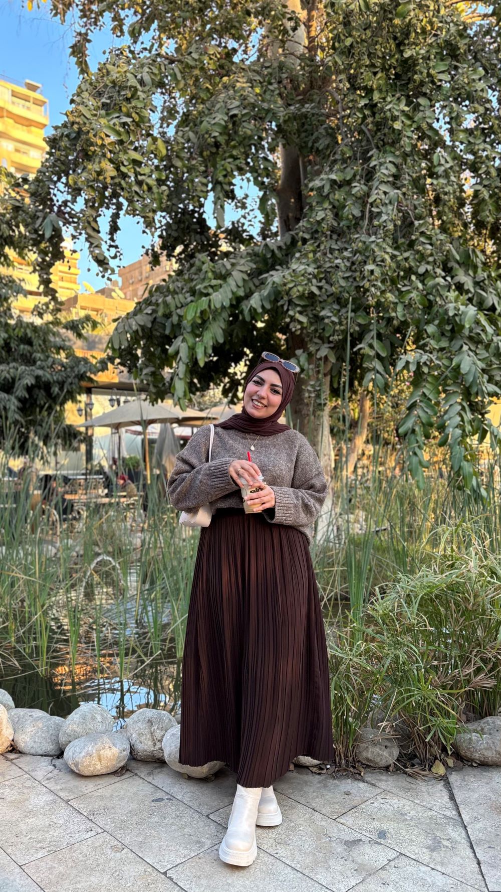 Pleated skirt made from imported crepe fabric (Brown) - Image 7