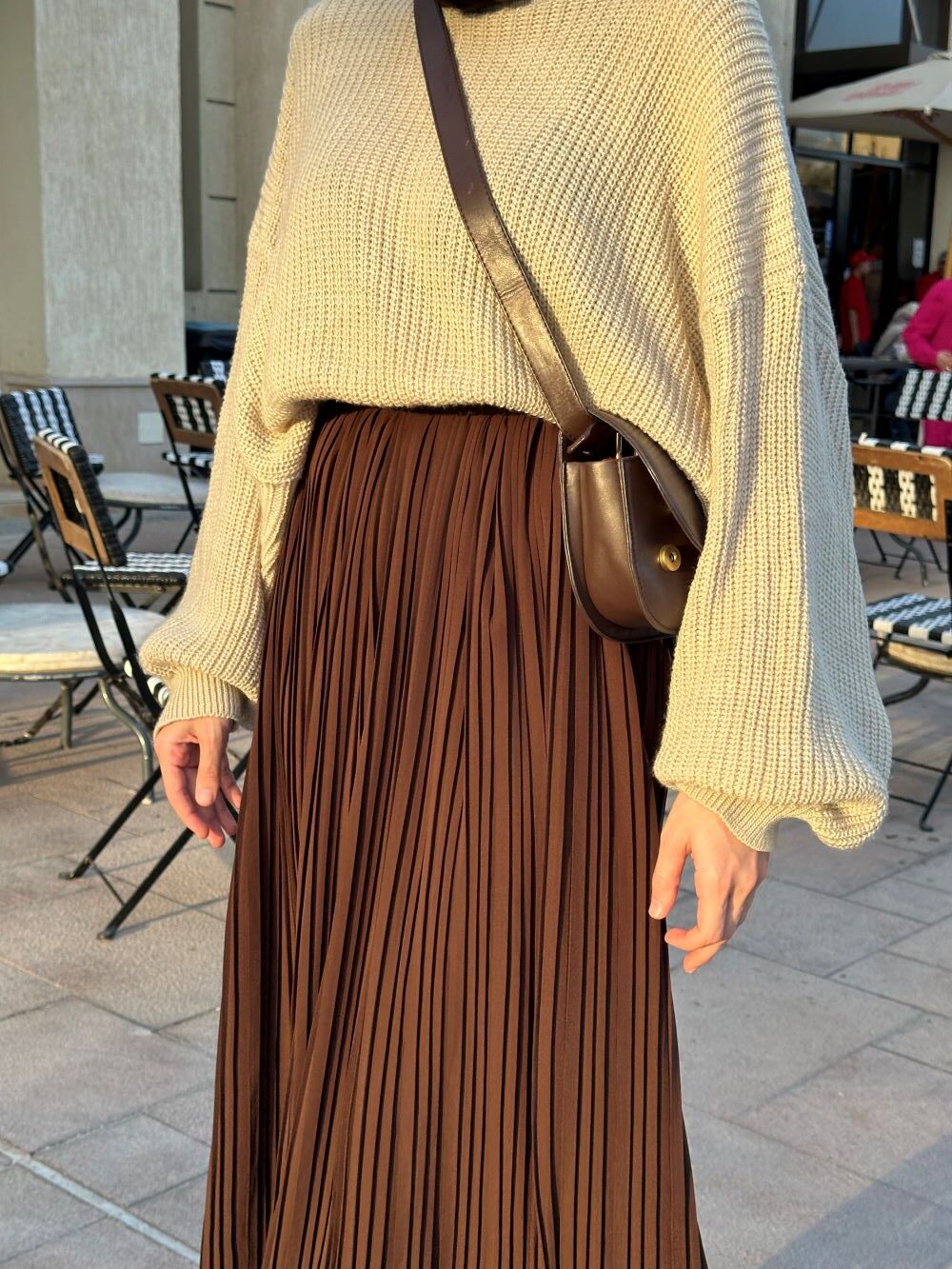 Pleated skirt made from imported crepe fabric (Brown) - Image 6