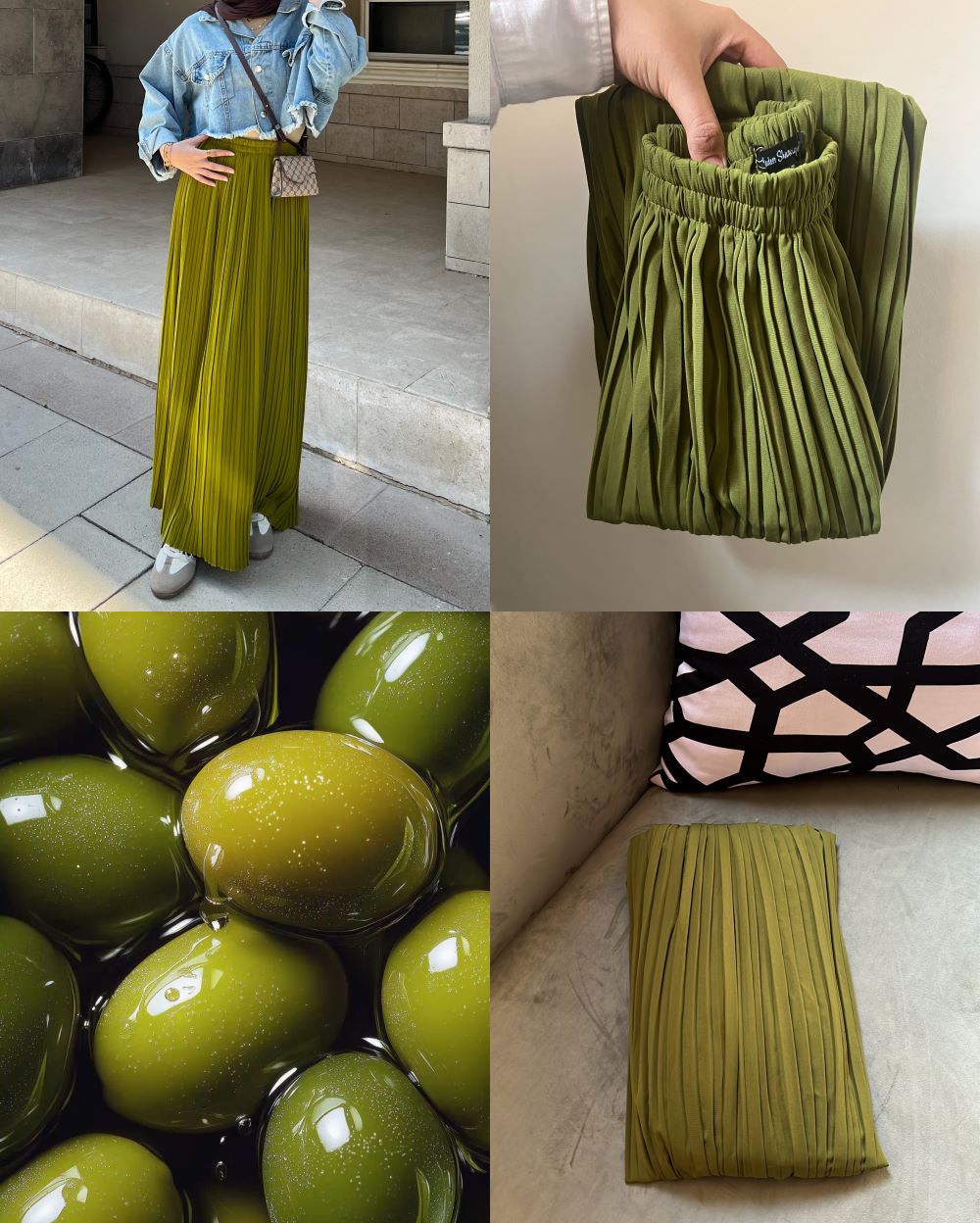 Pleated skirt made from imported crepe fabric (Light Olive) - Image 5