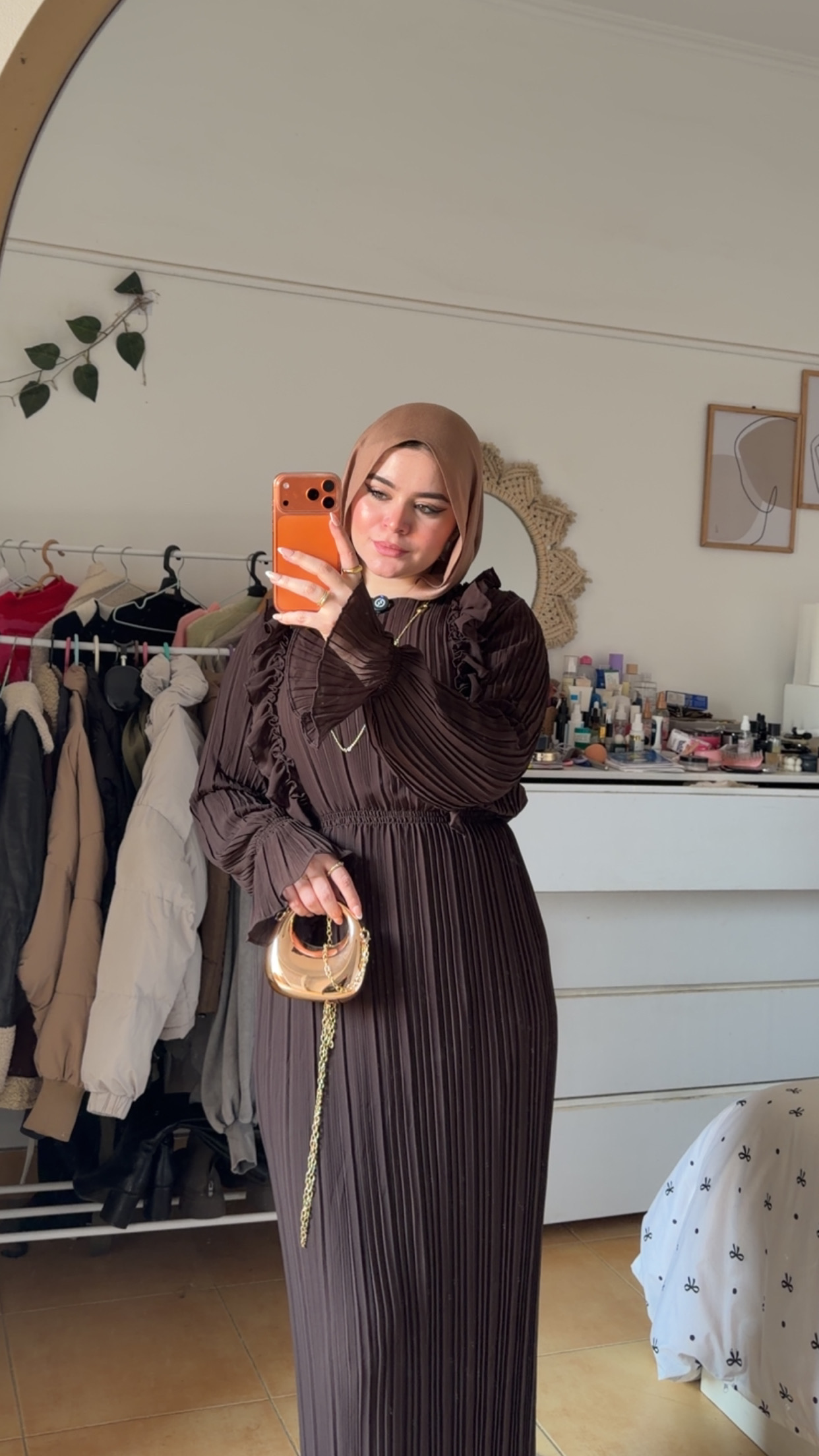 Pleated chiffon Dress with Separate Inner (Brown) - Image 3