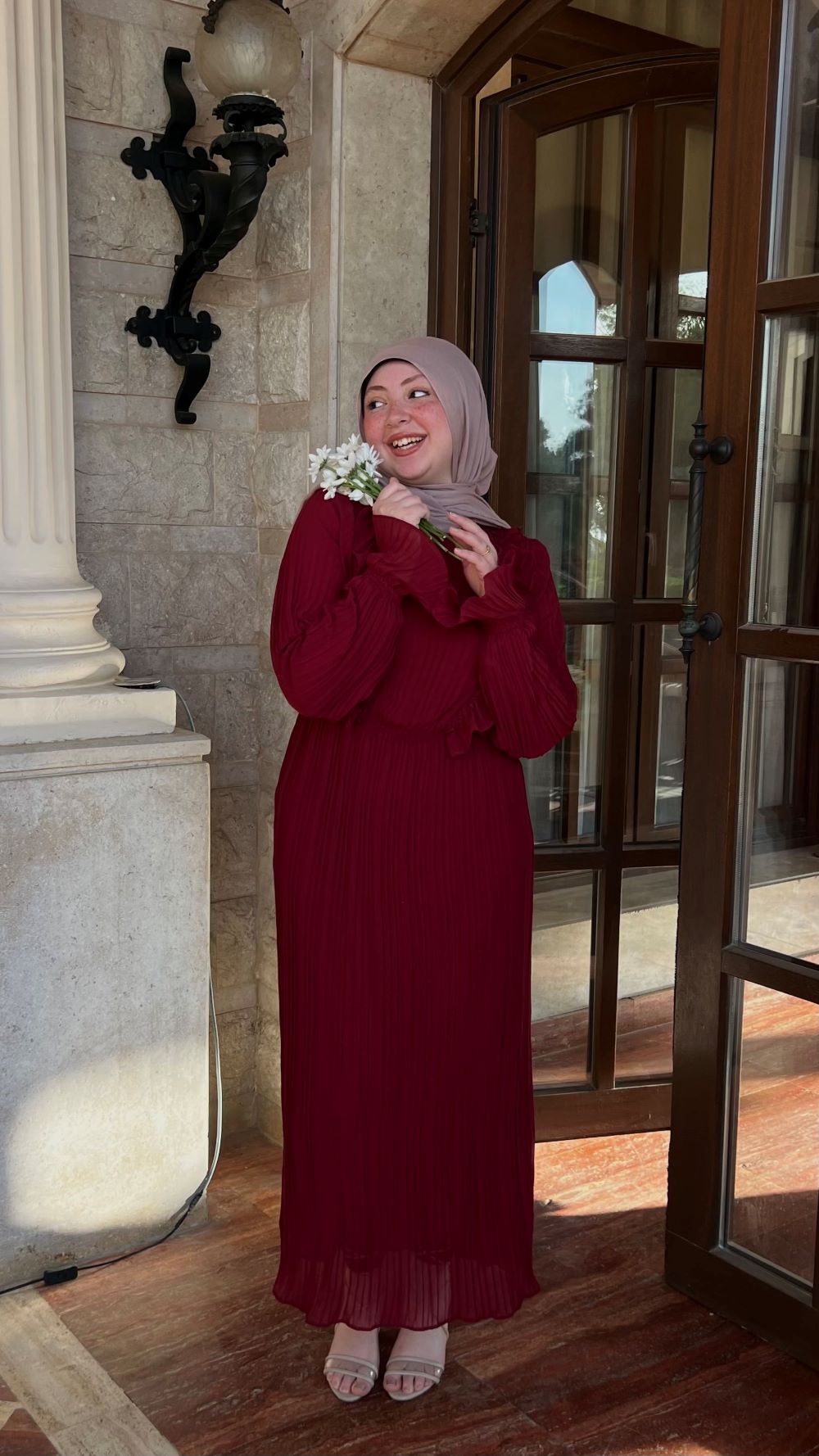 Pleated chiffon Dress with Separate Inner (Wine Red)