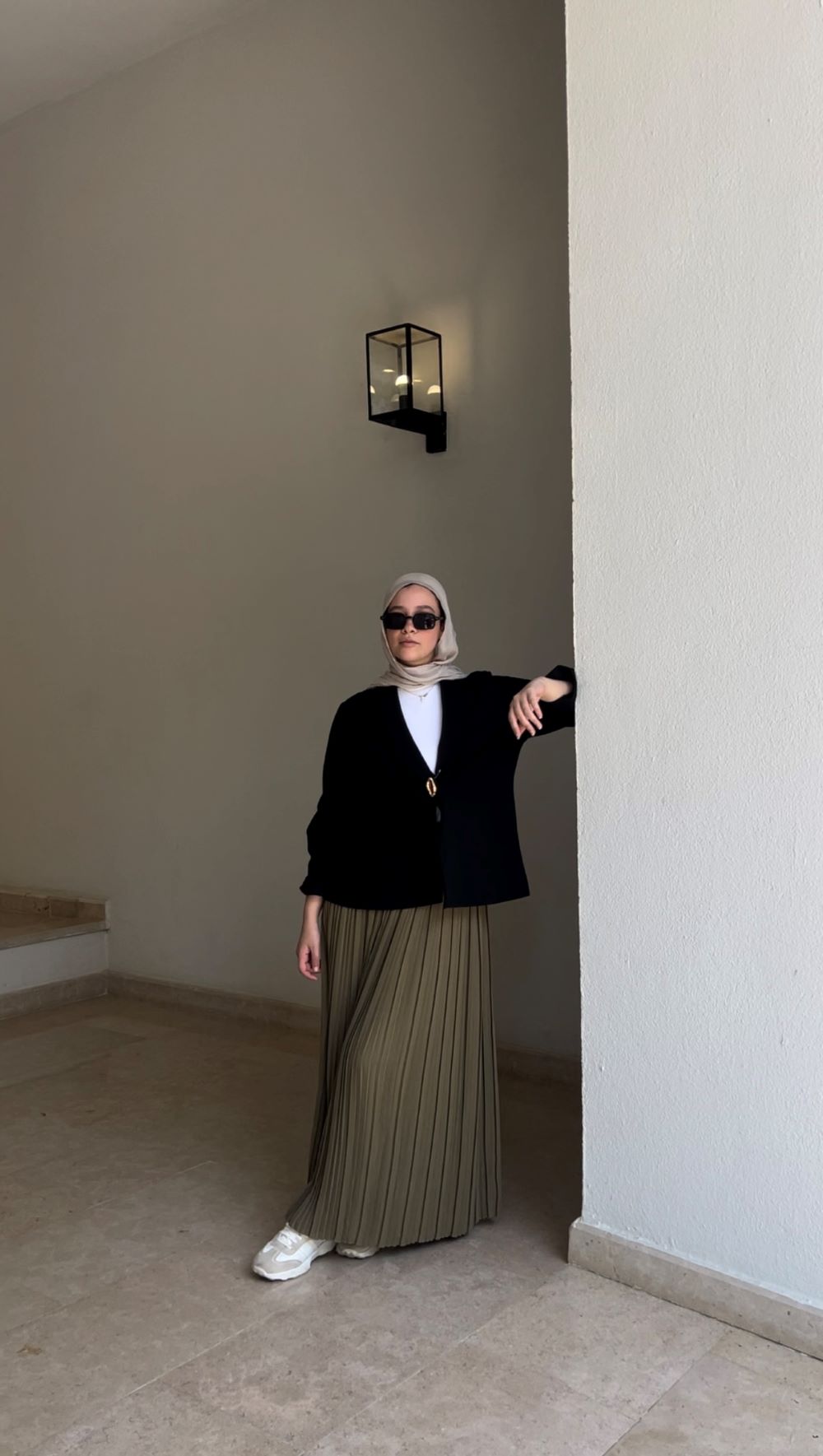 Pleated skirt made from imported crepe fabric (Light Olive) - Image 4