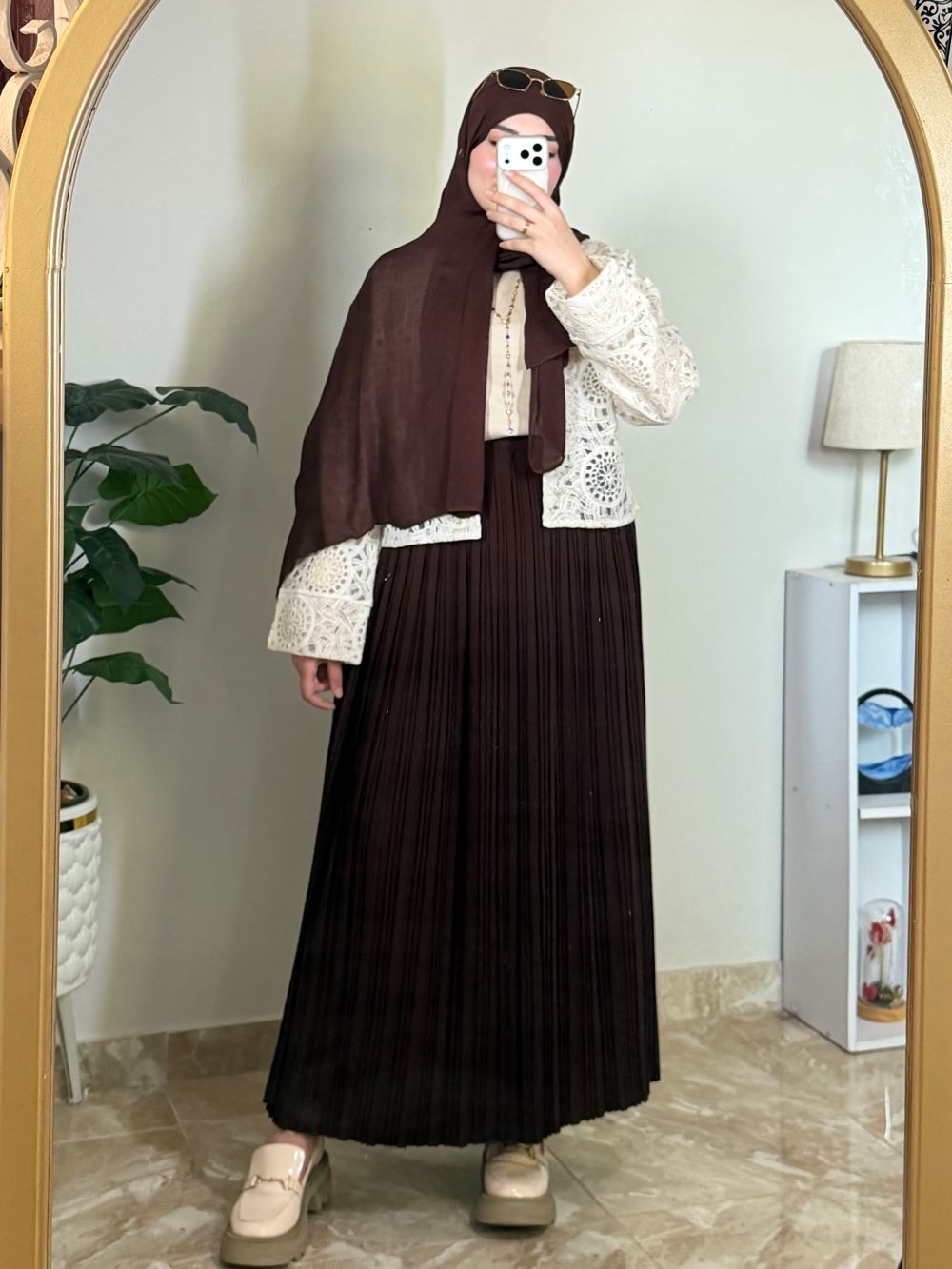 Pleated skirt made from imported crepe fabric (Brown) - Image 2