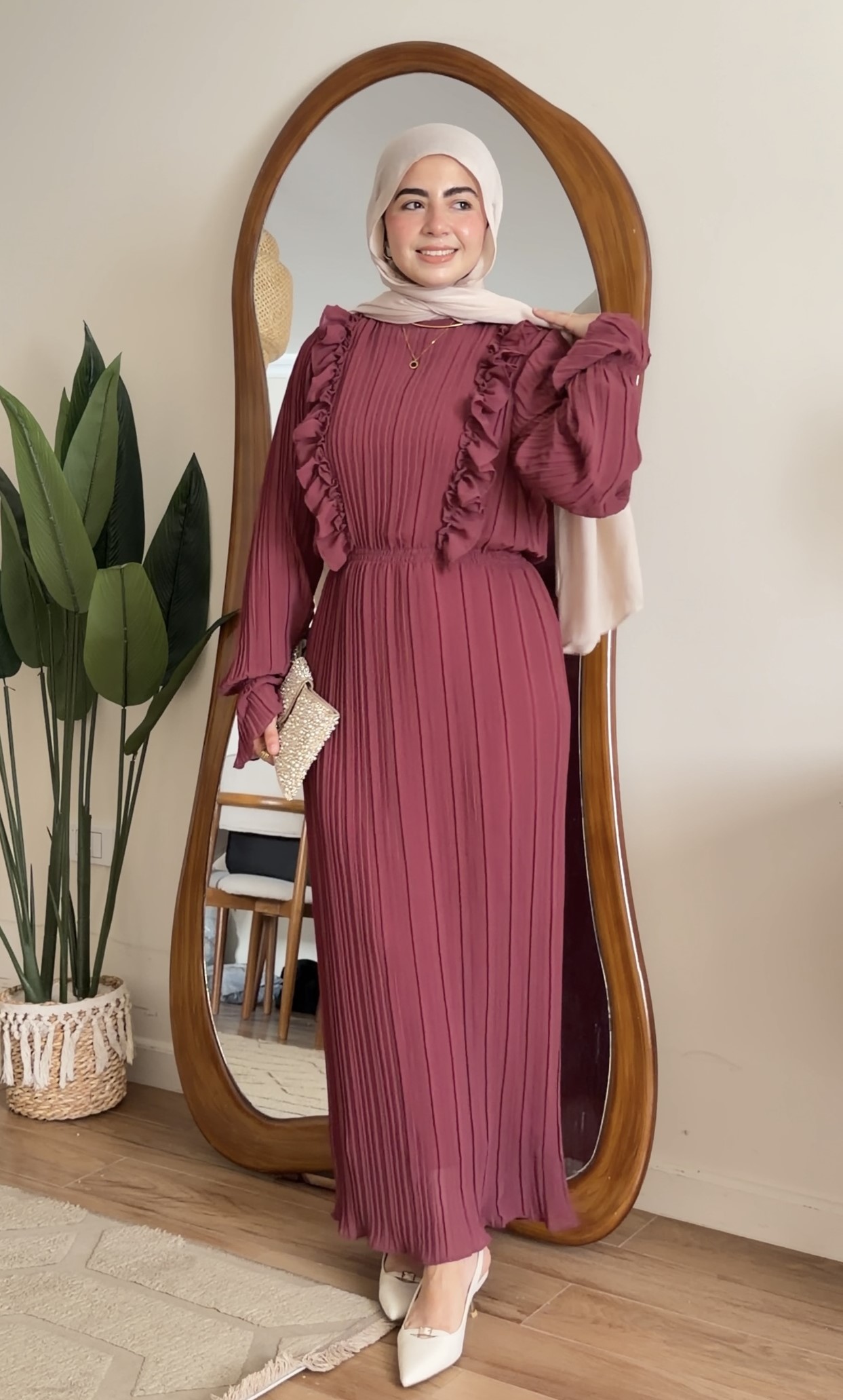 Pleated chiffon Dress with Separate Inner (Dusty Rose)
