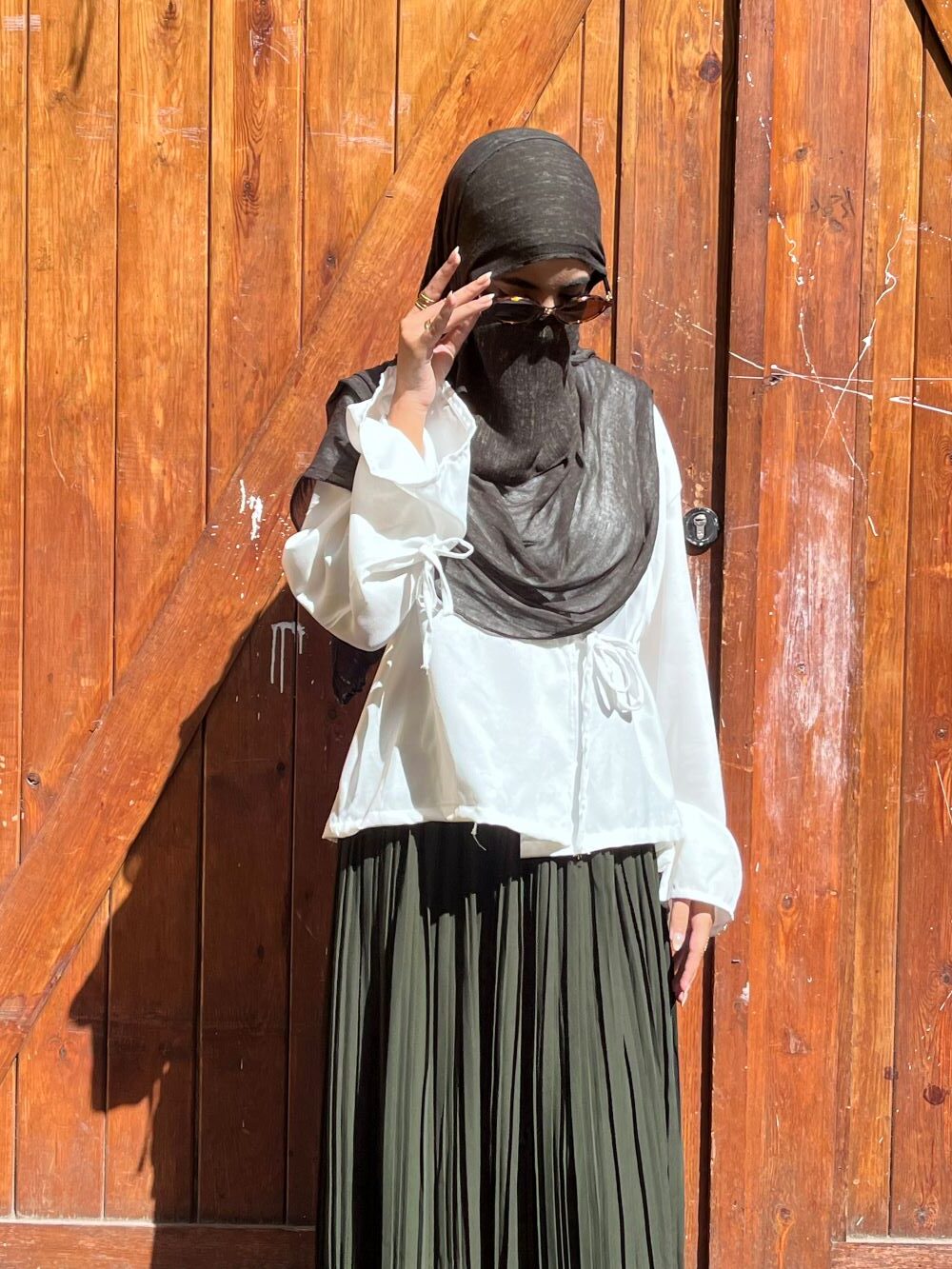 Pleated skirt made from imported crepe fabric (Olive Green) - Image 5